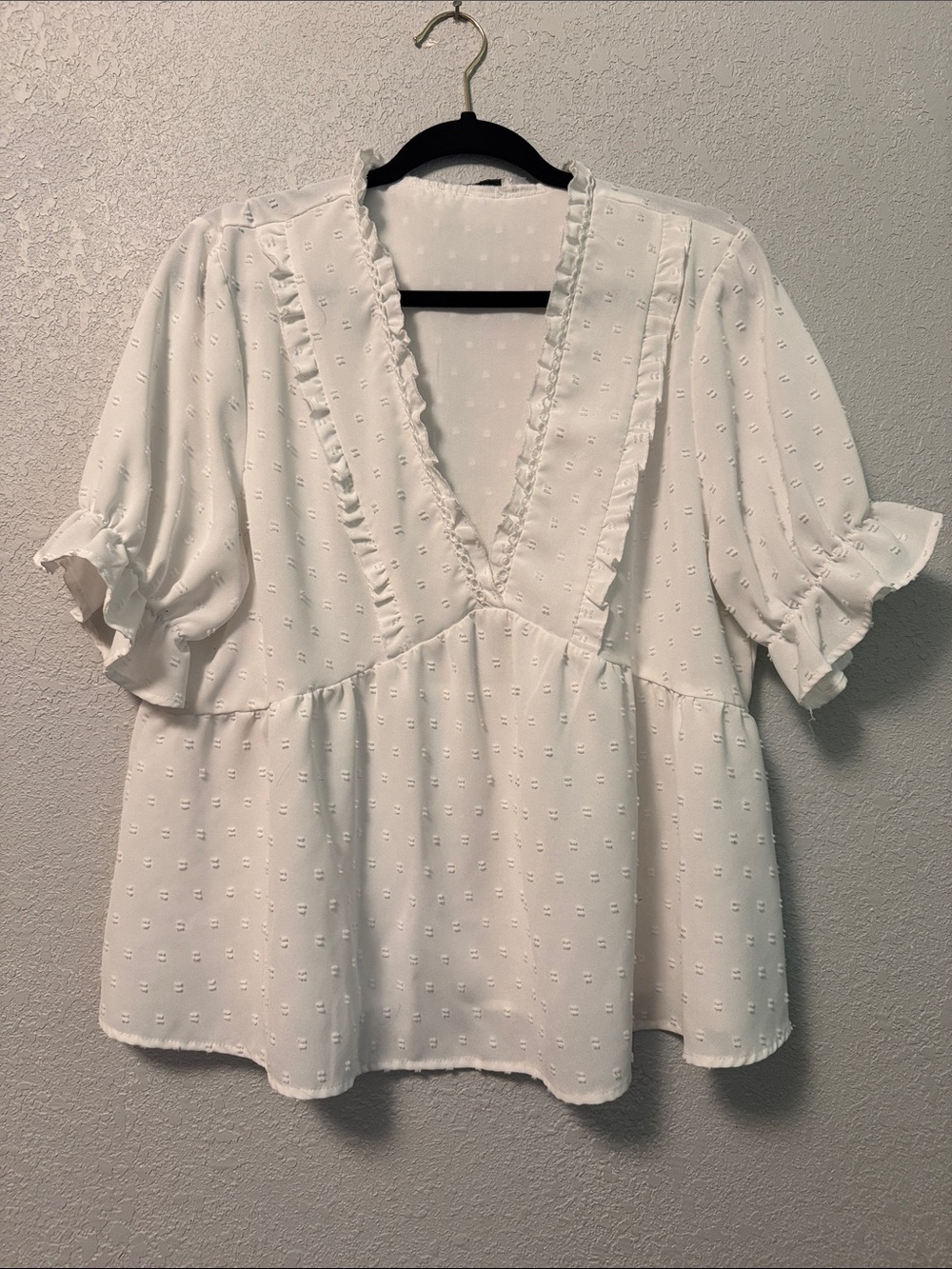 White Ruffle V-Neck Swiss Dot Peplum Blouse